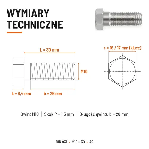 ŚRUBA SZEŚCIOKĄTNA DIN 931 M10x30 A2