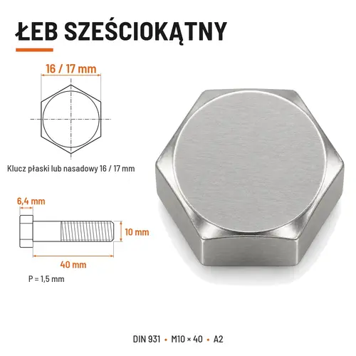 ŚRUBA SZEŚCIOKĄTNA DIN 931 M10x40 A2