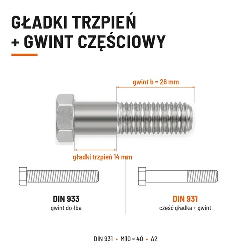 ŚRUBA SZEŚCIOKĄTNA DIN 931 M10x40 A2
