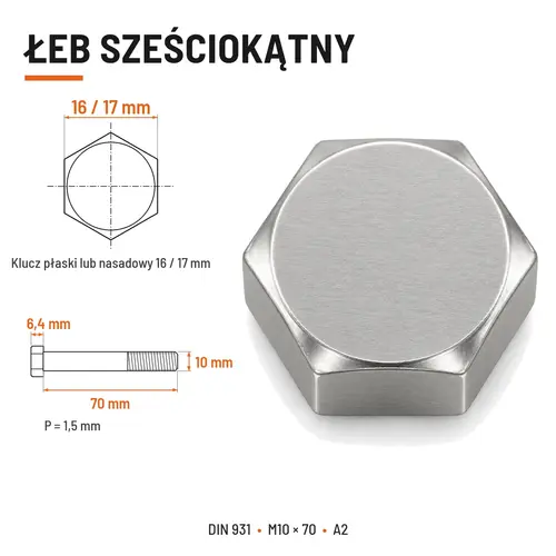 ŚRUBA SZEŚCIOKĄTNA DIN 931 M10x70 A2