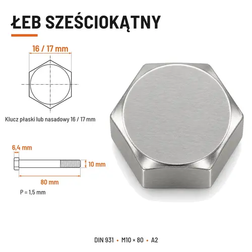 ŚRUBA SZEŚCIOKĄTNA DIN 931 M10x80 A2
