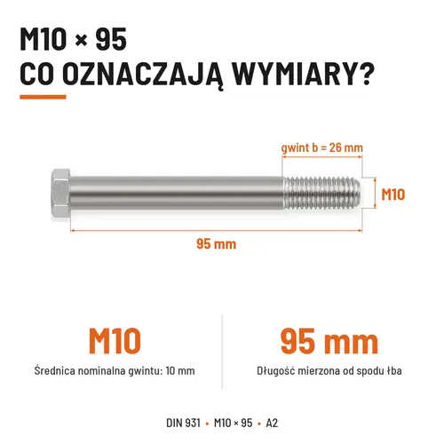 ŚRUBA SZEŚCIOKĄTNA DIN 931 M10x95 A2