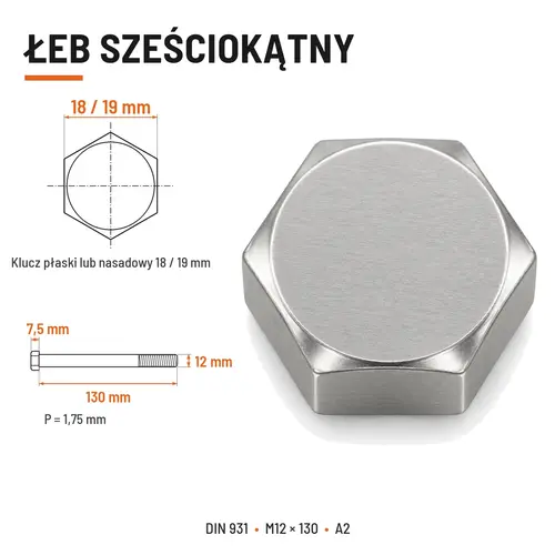 ŚRUBA SZEŚCIOKĄTNA DIN 931 M12x130 A2