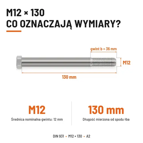 ŚRUBA SZEŚCIOKĄTNA DIN 931 M12x130 A2