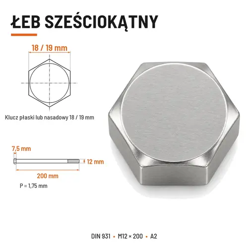 ŚRUBA SZEŚCIOKĄTNA DIN 931 M12x200 A2