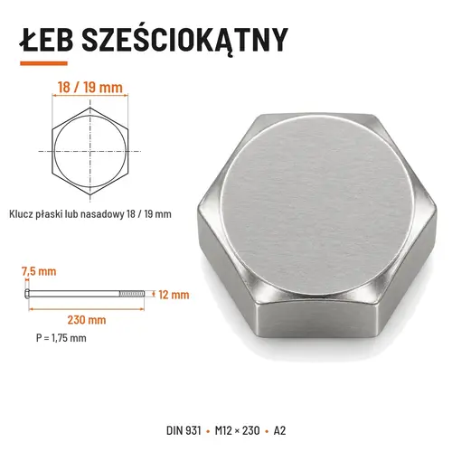 ŚRUBA SZEŚCIOKĄTNA DIN 931 M12x230 A2