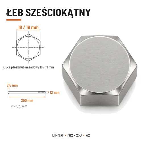 ŚRUBA SZEŚCIOKĄTNA DIN 931 M12x250 A2