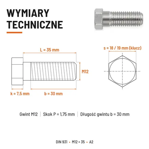 ŚRUBA SZEŚCIOKĄTNA DIN 931 M12x35 A2