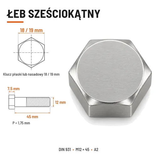 ŚRUBA SZEŚCIOKĄTNA DIN 931 M12x45 A2