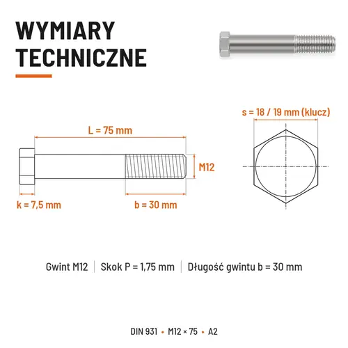ŚRUBA SZEŚCIOKĄTNA DIN 931 M12x75 A2