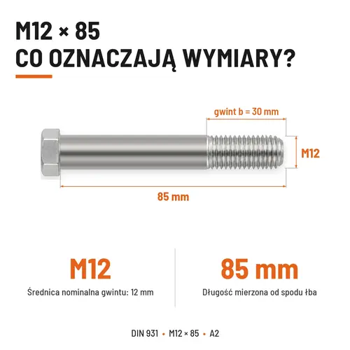 ŚRUBA SZEŚCIOKĄTNA DIN 931 M12x85 A2