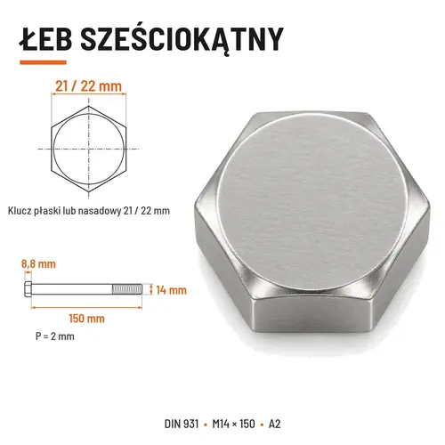 ŚRUBA SZEŚCIOKĄTNA DIN 931 M14x150 A2