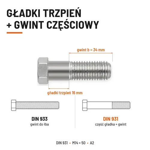 ŚRUBA SZEŚCIOKĄTNA DIN 931 M14x50 A2
