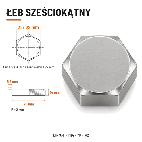 ŚRUBA SZEŚCIOKĄTNA DIN 931 M14x70 A2