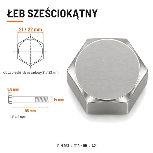 ŚRUBA SZEŚCIOKĄTNA DIN 931 M14x95 A2
