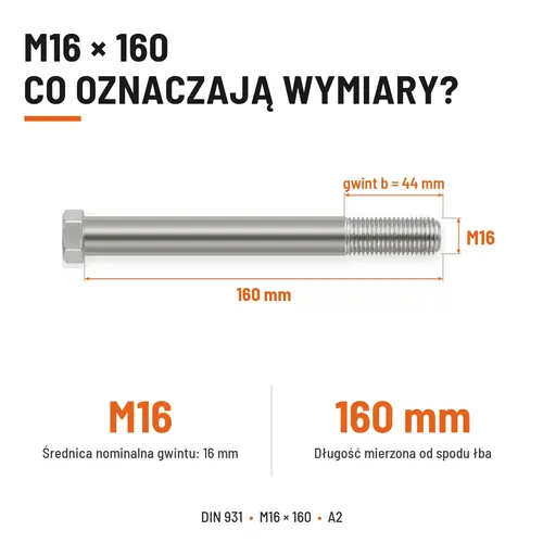 ŚRUBA SZEŚCIOKĄTNA DIN 931 M16x160 A2