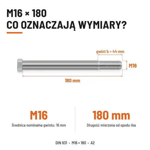 ŚRUBA SZEŚCIOKĄTNA DIN 931 M16x180 A2