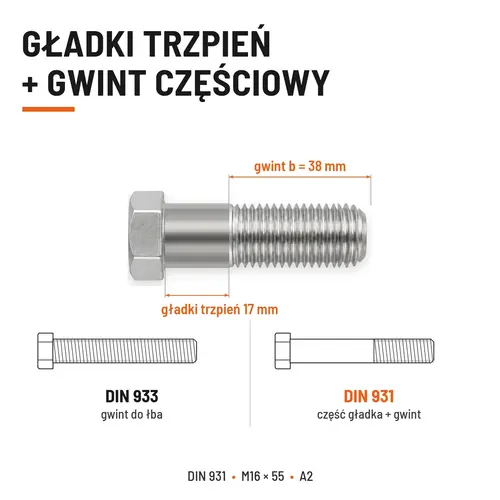 ŚRUBA SZEŚCIOKĄTNA DIN 931 M16x55 A2