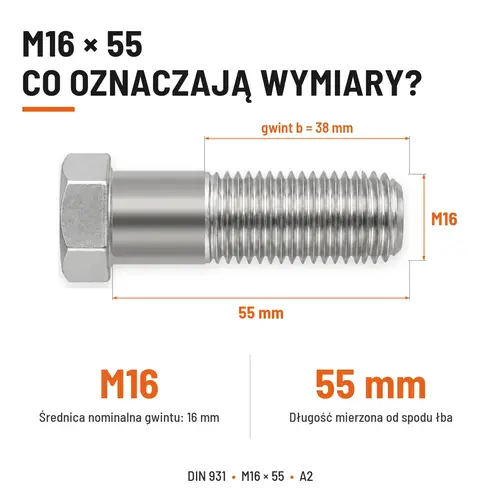 ŚRUBA SZEŚCIOKĄTNA DIN 931 M16x55 A2