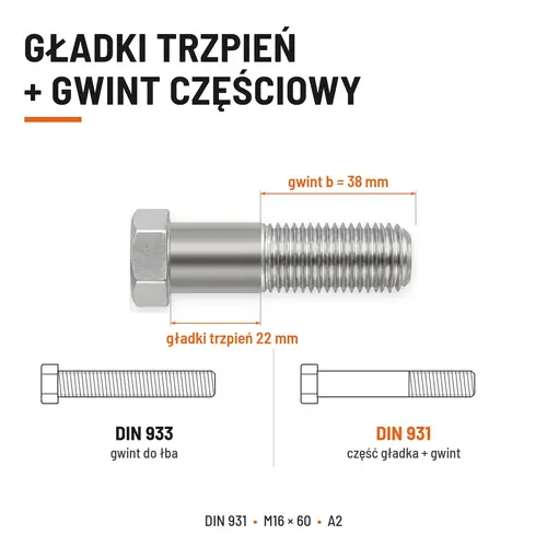 ŚRUBA SZEŚCIOKĄTNA DIN 931 M16x60 A2