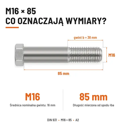 ŚRUBA SZEŚCIOKĄTNA DIN 931 M16x85 A2