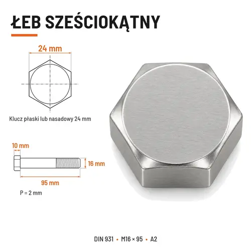 ŚRUBA SZEŚCIOKĄTNA DIN 931 M16x95 A2