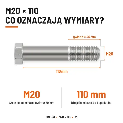 ŚRUBA SZEŚCIOKĄTNA DIN 931 M20x110 A2