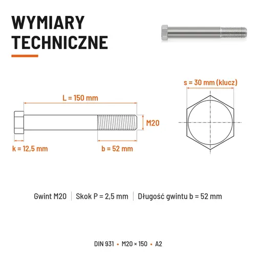 ŚRUBA SZEŚCIOKĄTNA DIN 931 M20x150 A2