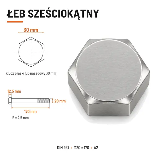 ŚRUBA SZEŚCIOKĄTNA DIN 931 M20x170 A2