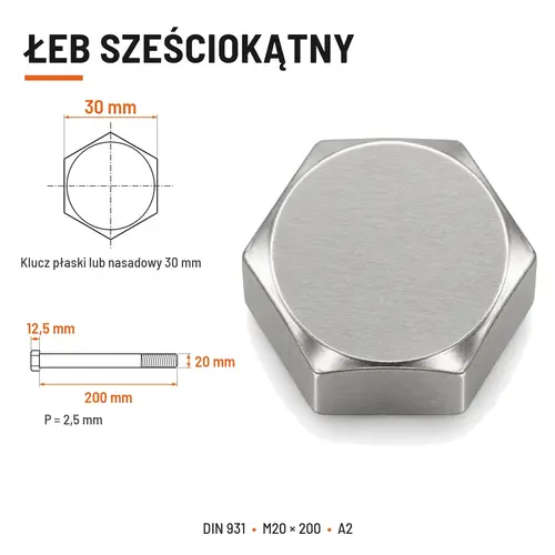 ŚRUBA SZEŚCIOKĄTNA DIN 931 M20x200 A2