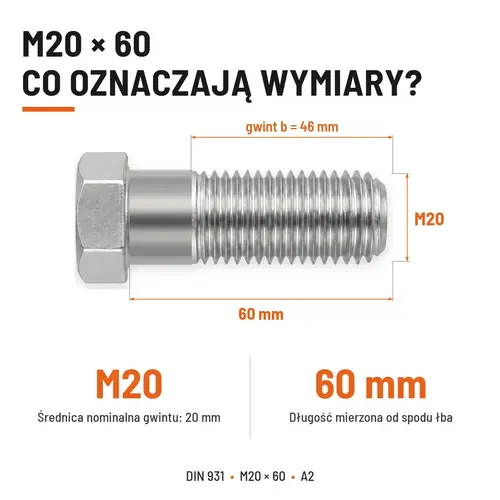 ŚRUBA SZEŚCIOKĄTNA DIN 931 M20x60 A2