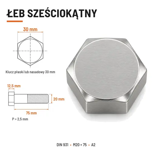 ŚRUBA SZEŚCIOKĄTNA DIN 931 M20x75 A2