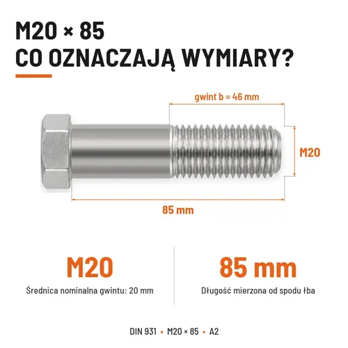 ŚRUBA SZEŚCIOKĄTNA DIN 931 M20x85 A2