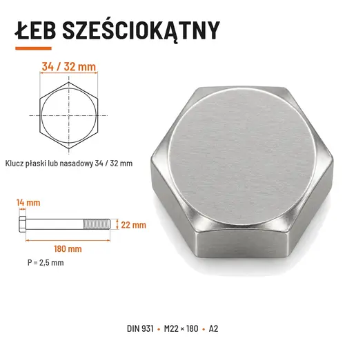 ŚRUBA SZEŚCIOKĄTNA DIN 931 M22x180 A2