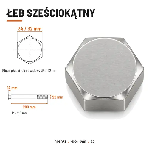 ŚRUBA SZEŚCIOKĄTNA DIN 931 M22x200 A2
