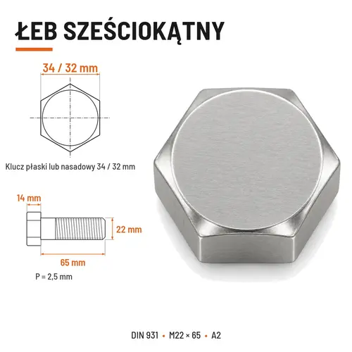 ŚRUBA SZEŚCIOKĄTNA DIN 931 M22x65 A2