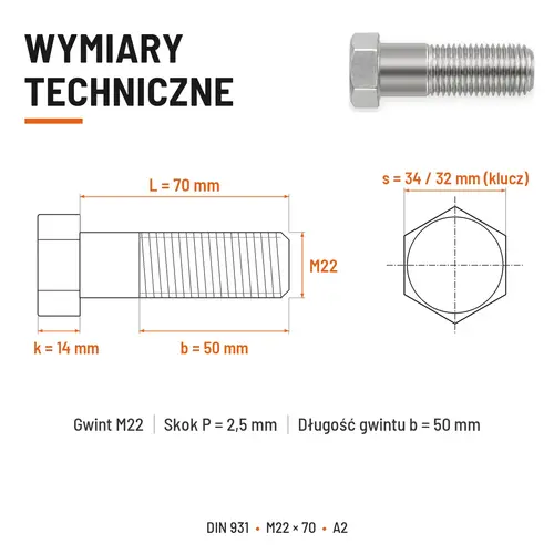ŚRUBA SZEŚCIOKĄTNA DIN 931 M22x70 A2
