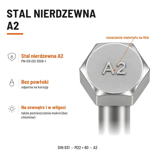 ŚRUBA SZEŚCIOKĄTNA DIN 931 M22x80 A2