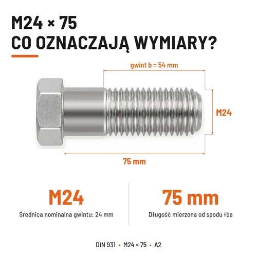 ŚRUBA SZEŚCIOKĄTNA DIN 931 M24x75 A2