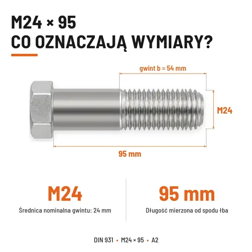ŚRUBA SZEŚCIOKĄTNA DIN 931 M24x95 A2