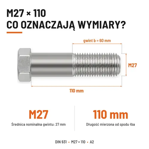 ŚRUBA SZEŚCIOKĄTNA DIN 931 M27x110 A2