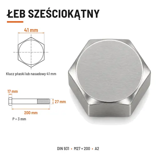 ŚRUBA SZEŚCIOKĄTNA DIN 931 M27x200 A2