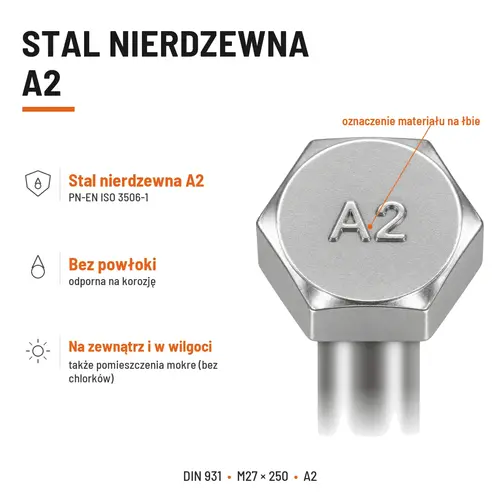 ŚRUBA SZEŚCIOKĄTNA DIN 931 M27x250 A2
