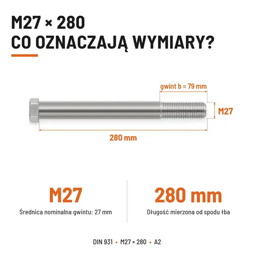 ŚRUBA SZEŚCIOKĄTNA DIN 931 M27x280 A2