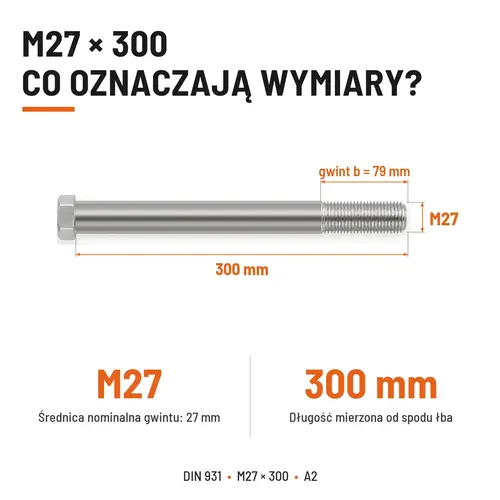ŚRUBA SZEŚCIOKĄTNA DIN 931 M27x300 A2