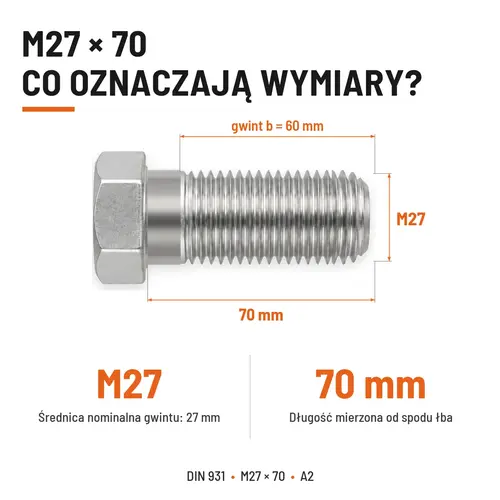 ŚRUBA SZEŚCIOKĄTNA DIN 931 M27x70 A2