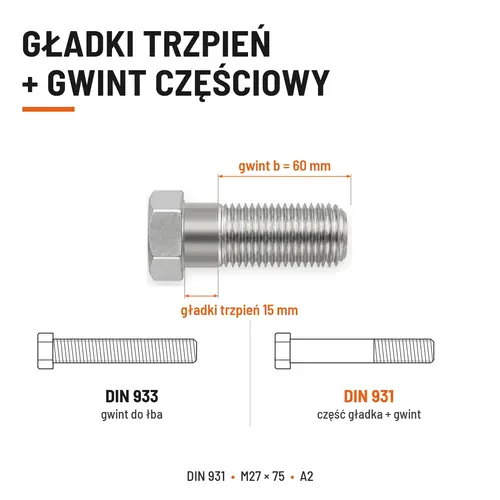 ŚRUBA SZEŚCIOKĄTNA DIN 931 M27x75 A2