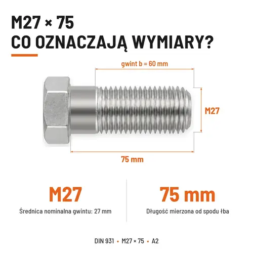 ŚRUBA SZEŚCIOKĄTNA DIN 931 M27x75 A2