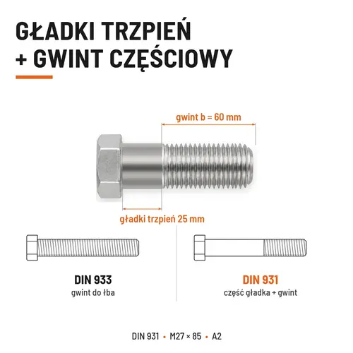 ŚRUBA SZEŚCIOKĄTNA DIN 931 M27x85 A2