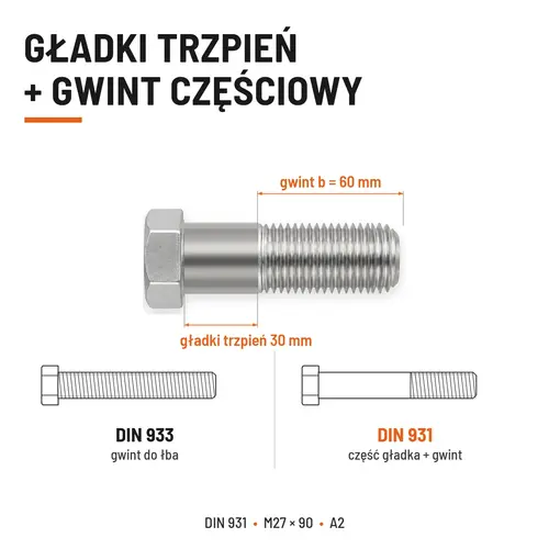 ŚRUBA SZEŚCIOKĄTNA DIN 931 M27x90 A2